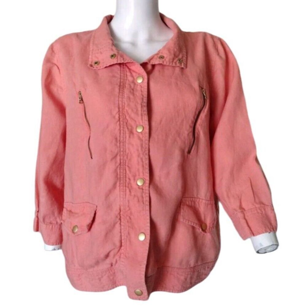 Chico's Linen Jacket Woman 2 (M) Coral Snap Gold Button‎ Closure Pockets